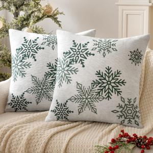 MIULEE Christmas 2 Pack White and Green Chenille Throw Pillow Covers Soft Pillow Cases with Snowflake Embroidery Morden for Holiday Decoration Sofa Couch Bedroom Home Decor,18x18 Inch