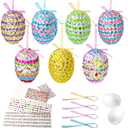 fethwoin 16PCS Easter Tree Ornaments, Foam Easter Eggs Hanging Decorations Craft Kit, DIY Glitter Gem Eggs with Ribbons for Basket Stuffers Fillers & Home Decor Party Favors