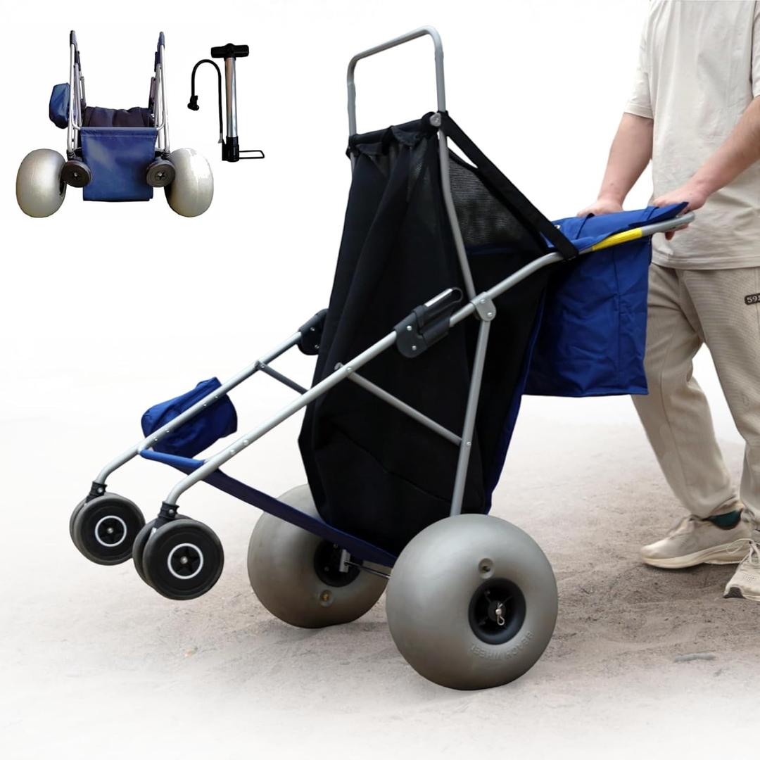 Beach Cart with 13 Balloon Wheels, Holds 4 Folding Chairs, Collapsible Buggy with Big Wheels for Sand, Pump Included