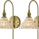 Vintage Wall Sconces with Amber Flower Glass Lampshade, Indoor Bath-Room Wall Sconce, Modern Gold Industrial Lighting Fixture for Mirror Living Room Hallway 2 Pack