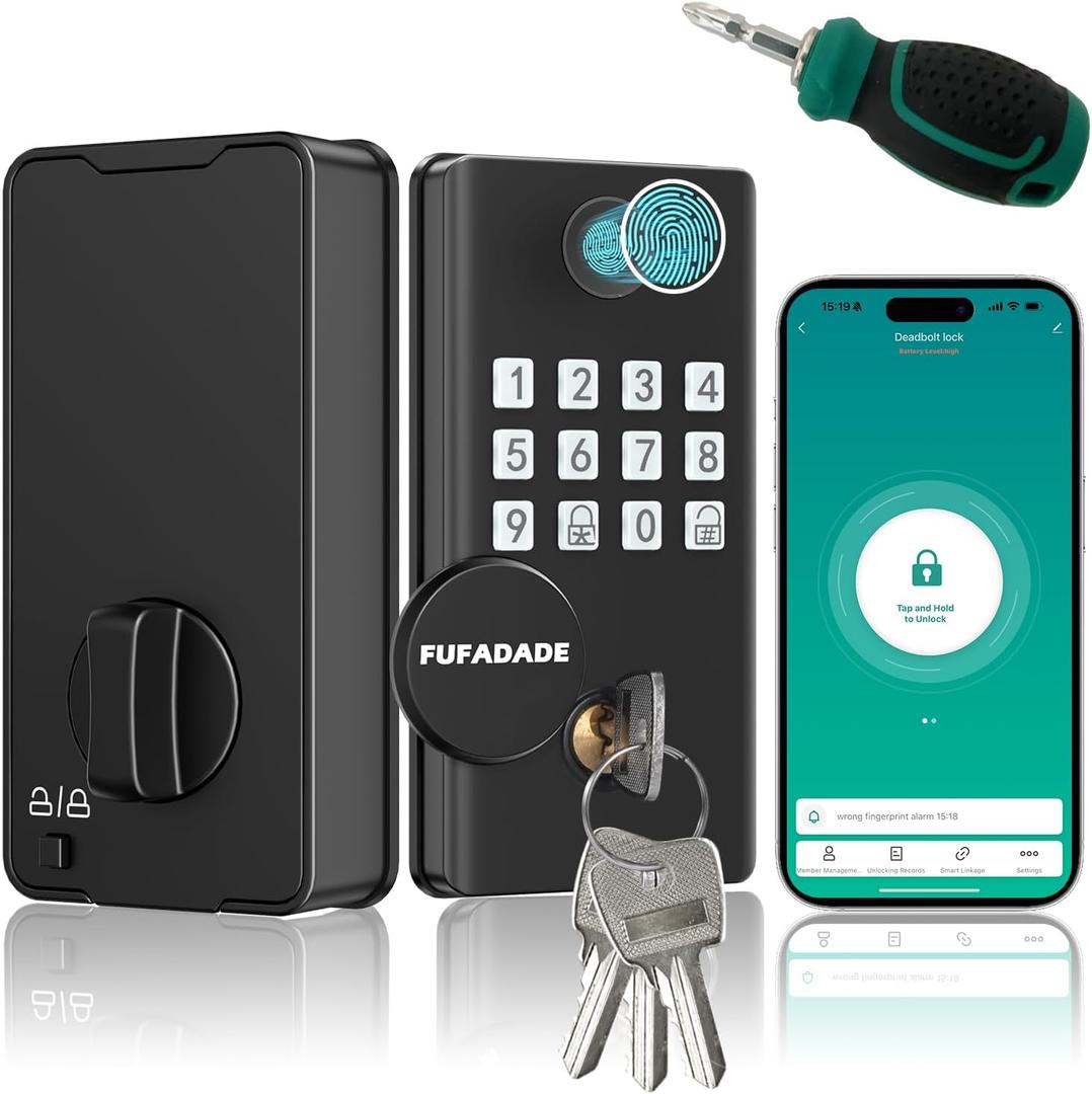 Digital Door Lock with Keypad Set - Fingerprint Door Lock with Keypad Set and 4 Keys - Digital Smart Locks for Front Door - Auto Lock - IP65 - High Security - Easy Install - Includes a Screwdriver (White Buttons)