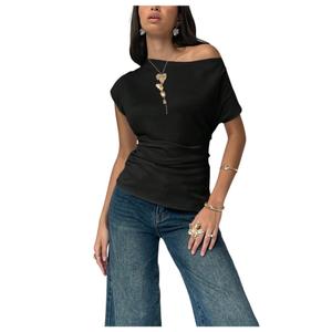SOLY HUX Women's Off The Shoulder Top Short Sleeve Asymmetrical Fitted T Shirts Going Out Summer Tees Pure Black Medium