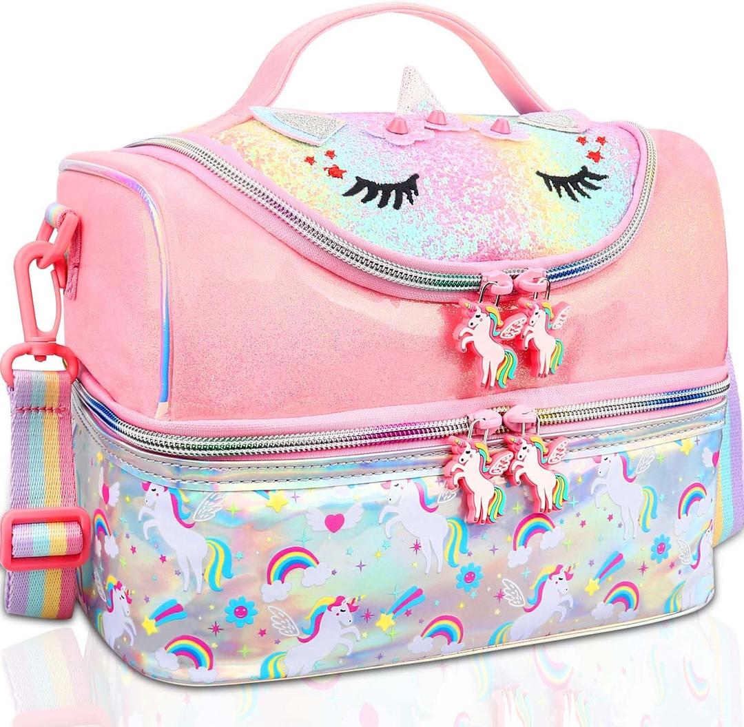 RHCPFOVR Kids Lunch Bag - Double - Decker Cooler Insulated Lunch Box for Boys Girls,Washable Lunch Bag with Strap and Reusable Toddler Lunchbox for School and Daycare (Pink Unicorn)