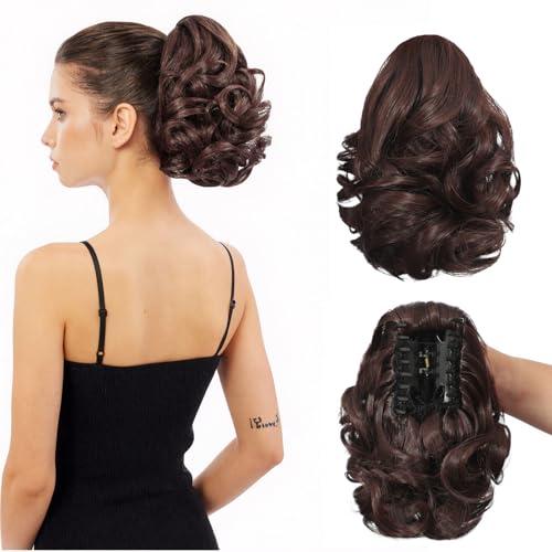 HEWEICSY Ponytail Extension, Clip on Ponytails for Women, 9" Claw Clip in Short Curly Wavy Pony Hair Extension for Women - Brunette