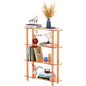 Clear Bookshelf, Acrylic Bookcase with Open Book Shelf for Office Living Room Bedroom (4 Tier Orange)