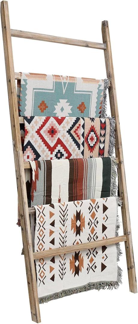 FUIN Extra Wide 6.4ft Wooden Blanket Ladder Living Room Decorative Wal Leaning Farmhouse Quilt Display Holder Rustic Wood Towel Rack for Bathroom, Burnt Brown, 38 inch Wide (6.4ft | 38" wide, Burnt Brown)
