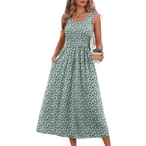 WIHOLL Summer Dresses for Women Flowy Casual Midi Dress Beach Vacation Sundresses with Pockets (Green, S)