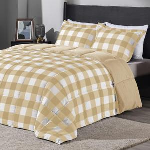 downluxe Lightweight Plaid Comforter Set (Queen) with 2 Pillow Sham - 3-Piece Set - Khaki/White Plaid - Down Alternative Reversible Comforter (Plaid Khaki/White)