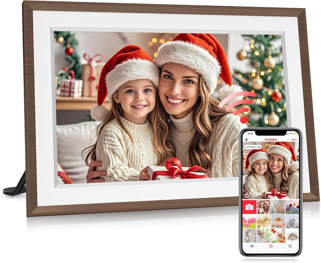 Frameo 10.1" WiFi Digital Picture Frame, Smart Cloud Electronic Photo Frame with 32GB Memory 1280x800 HD IPS Touch Screen Slideshow Auto-Rotate Wall Mounted, Share Photos/Videos from Phone Remotely (10.1 inch Brown Wood & White)