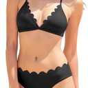 Vivola Two Piece Bikini Set for Women V Neck Swimsuit Classic Scalloped Edge Bathing Suit Sexy Back Tie Strap Swimwear, L
