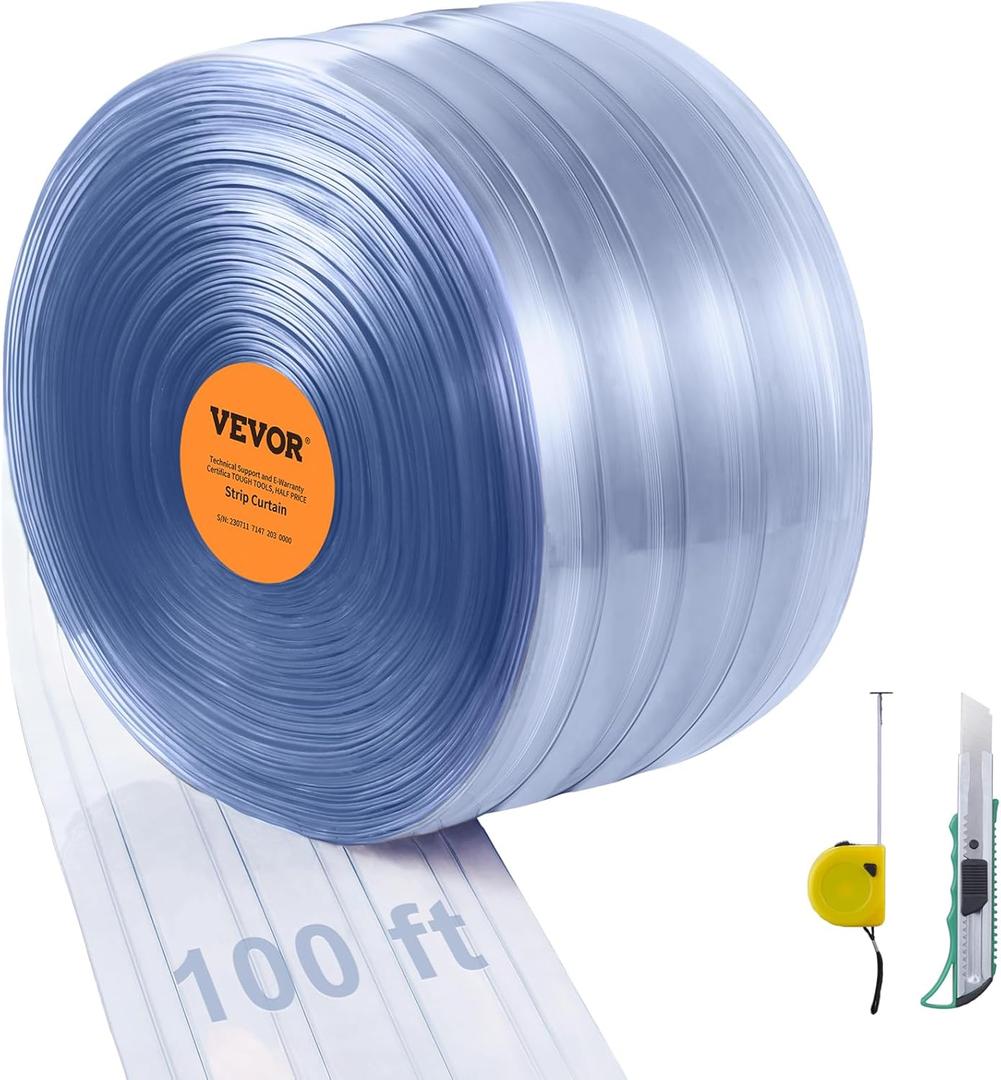 VEVOR Strip Curtain, 100' Length x 12" Width x 0.12" Thickness, Clear Ribbed PVC Curtain Strip Door Bulk Roll, Plastic Door Strips for Doorway of Supermarket, Garage, Warehouse, Barn, Pet Animal House