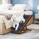 Adjustable Dog Ramp for Bed - 34" Long Foldable Wooden Ramp for Dogs to Get on Bed, Couch, or Car with 12.6" Wide Walking Space - (Walnut Wood with Gray Carpet)