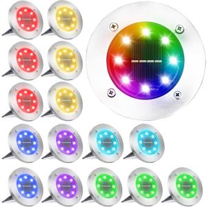 LYHOPE Solar Ground Light Outdoor, 16 Pack 8 LED Color Changing Solar Disk Lights Waterproof Garden In-ground Pathway Lights Landscape Lighting for Lawn,Yard,Deck,Patio,Walkway (RGB) (RGB (Red, Green, Blue))