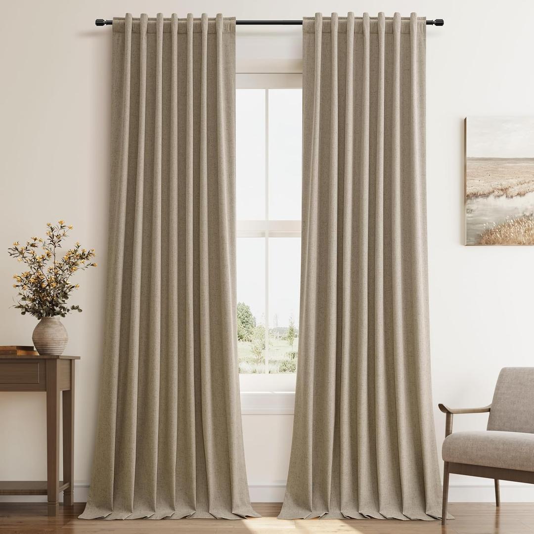 Hokibero Room Darkening Curtains 2 Panel Sets Linen Drapes 96 Inch Long for Bedroom Living Room Nursery Sliding Door Back Tab Thermal Blackout Curtains for Farmhouse Elegant Window Curtain Khaki 8 Ft