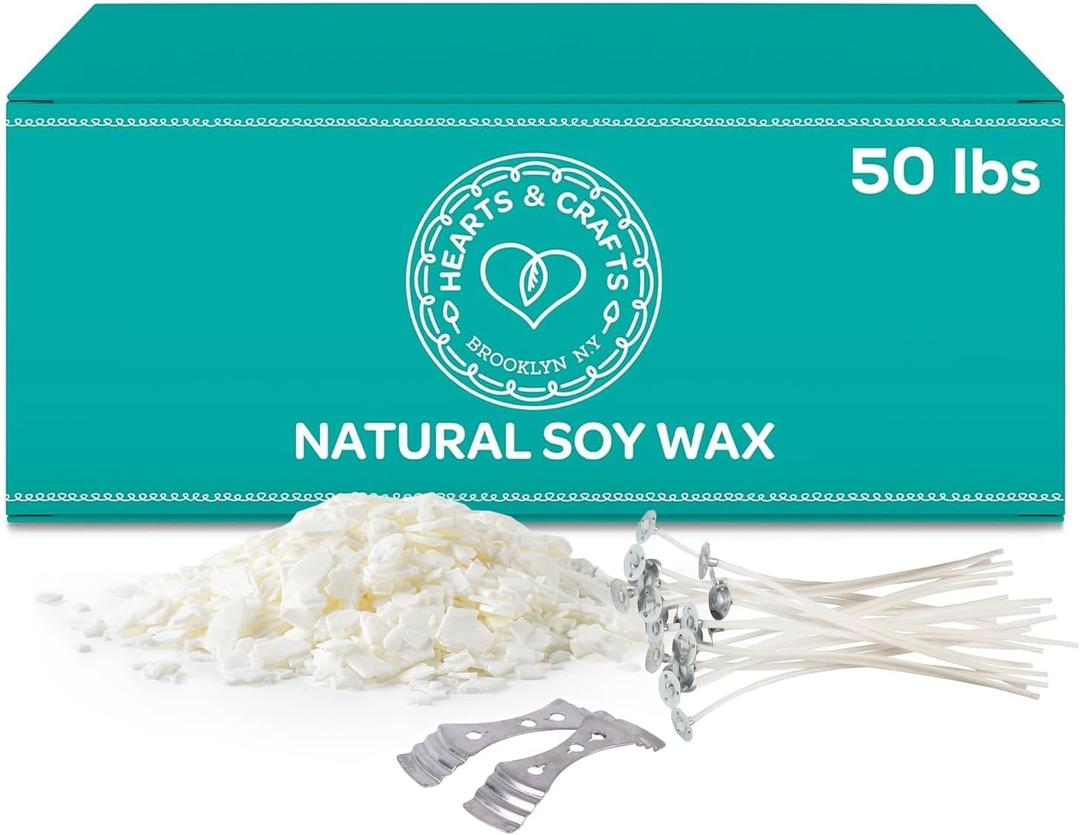 Hearts & Crafts Candle Making Kit - 50 lbs Soy Wax Flakes with 100 Pieces Pre-Waxed 6-Inch Wicks and 2 Metal Centering Devices - Premium DIY Candle Making Supplies