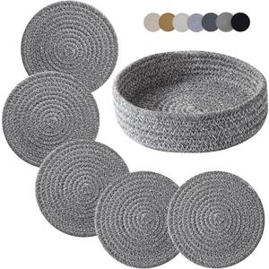 Trivets for Hot Dishes, Trivets for Hot Pots and Pans, Hot Pads for Countertops, Coasters 4 Pcs and Storage Basket 1 Pack, Pot Holders for Kitchen, Cotton Hot Mats Cooking Pad Protect Table (D Grey)