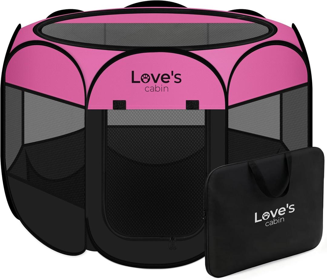 Love's cabin Pet Puppy Dog Playpen, Large Dog Tent Crates Cage Indoor/Outdoor, Portable Playpen for Cat, Foldable Pop Up Dog Kennel Playpen with Carring Case, Removable Zipper Top, Pink