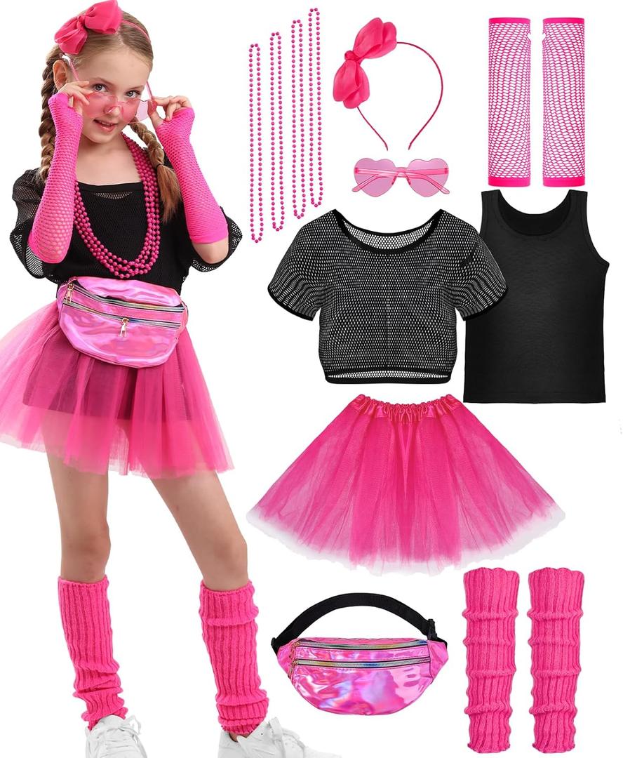 14 PCS Girls 80s Costume Accessories Set Kids 80s Outfits for Halloween Cosplay 1980s Retro Fancy Party ( No Size )