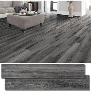 INMOZATA Peel and Stick Floor Tile Vinyl Flooring, Waterproof Vinyl Plank Flooring 36-Pack 54 Sq.Ft Wood Grain Self Adhesive Peel and Stick Flooring for Bedroom, Living Room, Kitchen, RV(Deep Gray)