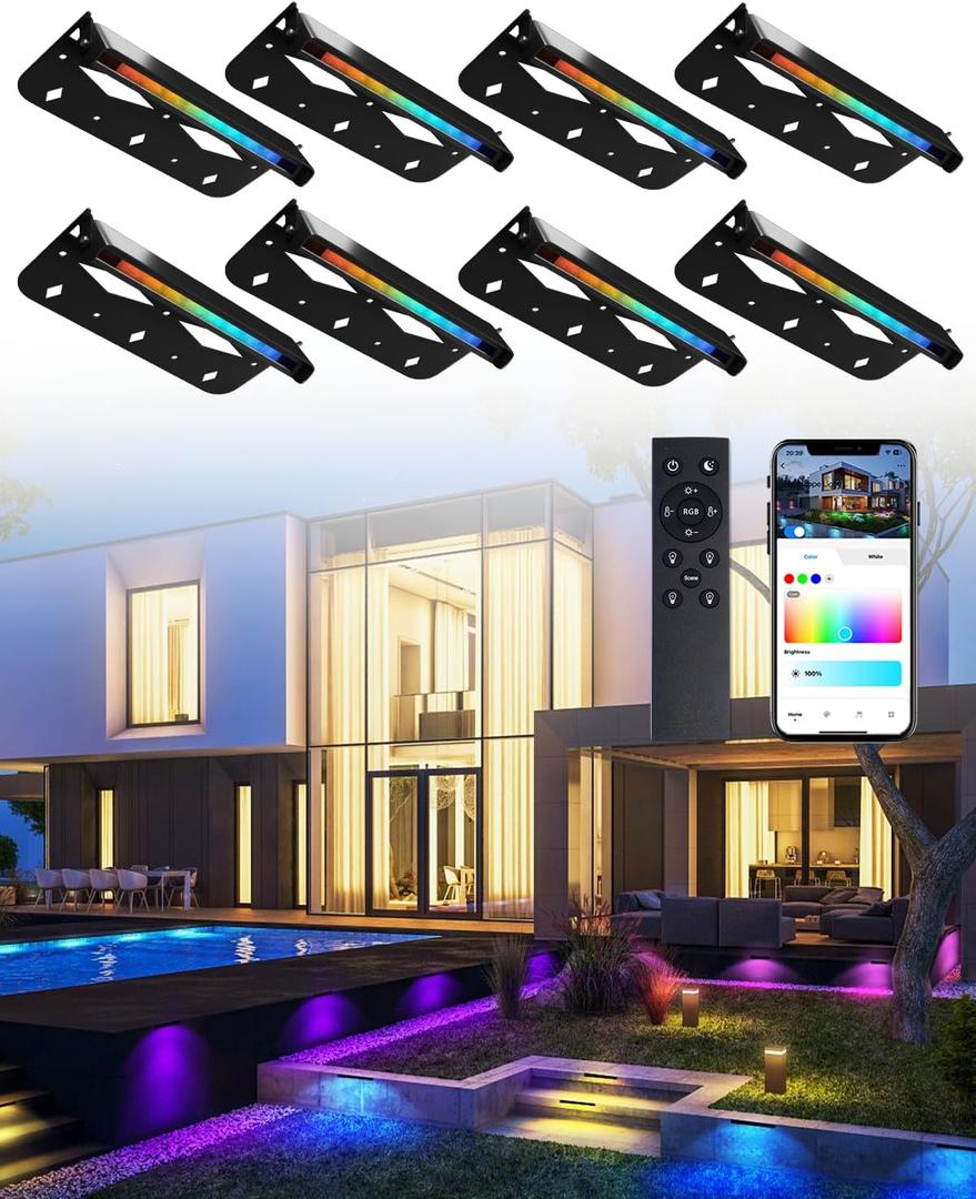 8 Pack 7 Inch RGB LED Hardscape Lighting, 5W Smart Retaining Wall Lights 16 Million Colors with Remote Control, IP65 Waterproof Landscape Paver Lights, 12V AC/DC Low Voltage Outdoor Lighting