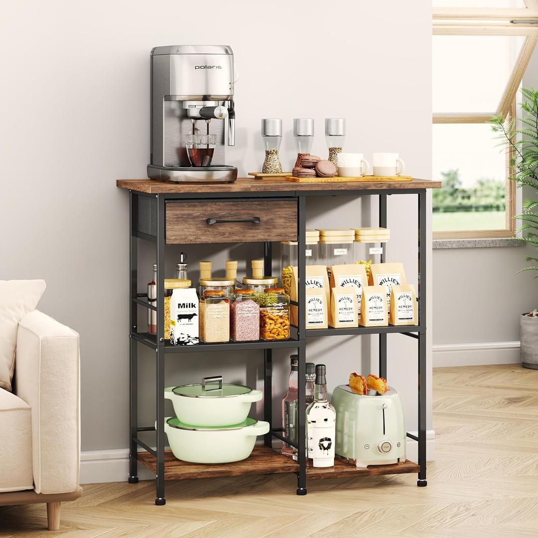 SWTYMIKI Bakers Rack with Storage - Coffee Bar Cabinet Organizer, Coffee Station for Kitchen Dining Room, Microwave Stand with Adjustable Feet, Espresso, 15.75" D x 28.35" W