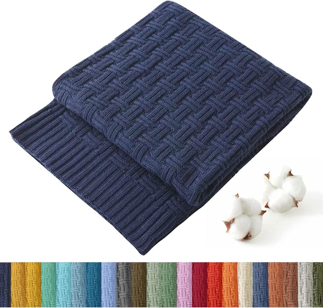 TREELY 100% Cotton Knitted Throw Blanket Couch Cover Blanket(50 x 60 Inches, Navy)