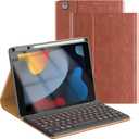 OPAKIT Leather Keyboard Case for iPad 9th/ 8th/ 7th Generation 10.2 inch, iPad Pro 10.5-inch Air 3rd Case with Pencil Holder, 7 Color Backlight BT Keyboard (2021/ 2020/ 2019/ 2017), Brown