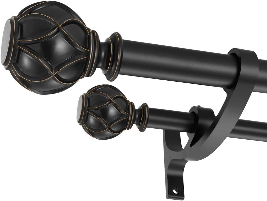 Matte Black Double Curtain Rods 28 to 48 Inch, Decorative Double Window Rod with Classic Finials, 1-Inch Front and 5/8 Inch Back Double Rod Drapery Rods