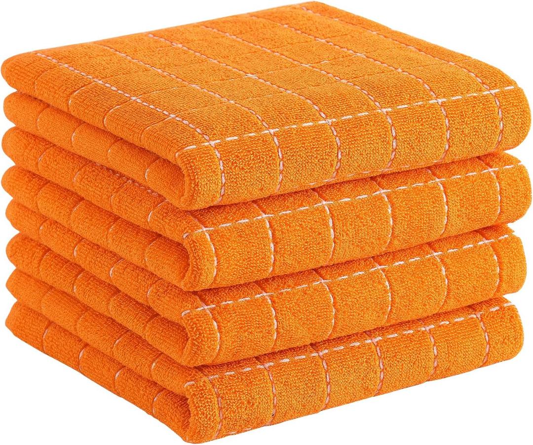 Homaxy 100% Cotton Terry Kitchen Towels(Orange, 13 x 28 inches), Checkered Designed, Soft and Super Absorbent Dish Towels, 4 Pack