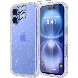 Diverbox for iPhone 16 Plus Case [Shockproof] [Dropproof] [Tempered Glass Screen Protector + Camera Protectors] Heavy Duty Protection Phone Case Cover for Apple iPhone 16 Plus (Glitter Clear)