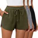Riyiper 3 Pack Women's Waffle Knit Shorts Drawstring Lounge Summer Comfy Casual Shorts with Pockets (Large, Black, Gray, Army Green)