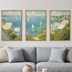 Large Coastal Sailboat Framed Canvas Wall Art Set,Summer Seascape Wall Decor,Nautical Blue Ocean Art Prints,Nature Beach Artwork for Living Room,Bedroom,Dining Room,Office-24 x36 x3