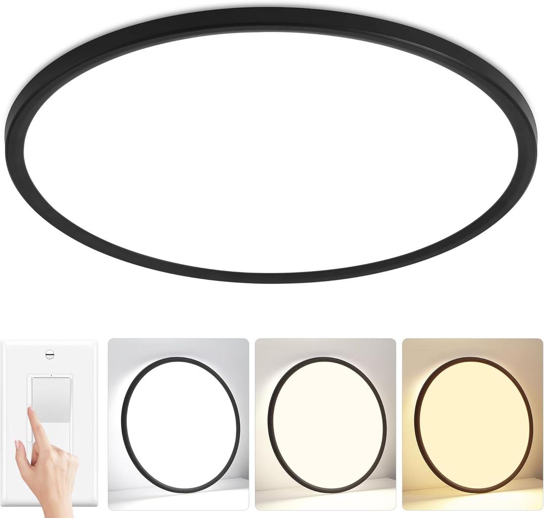 24 inch Dimmable LED Ceiling Light Fixture, Ultra Thin Flush Mount, 50W 5000LM, 3000K/4000K/6500K Selectable, Black, Perfect for Bedroom, Kitchen, Dining Room, Living Room, Home Office, Hallway