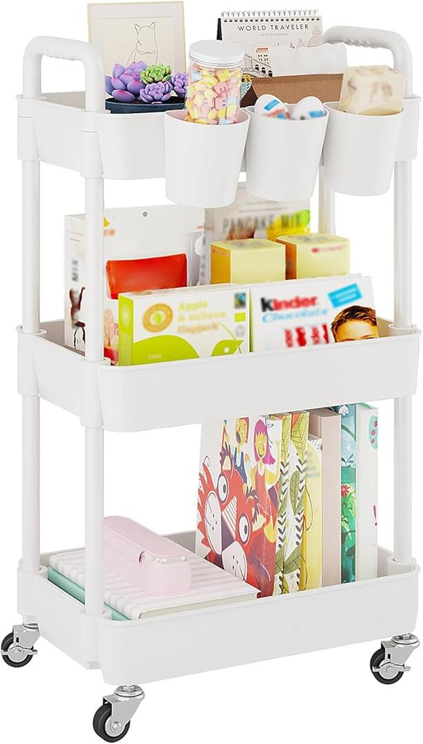 UDEAR 3-Tier Rolling Utility Cart, Multifunctional Storage Shelves with Handle and Lockable Wheels for Room, Office, Kitchen, Bathroom, White 