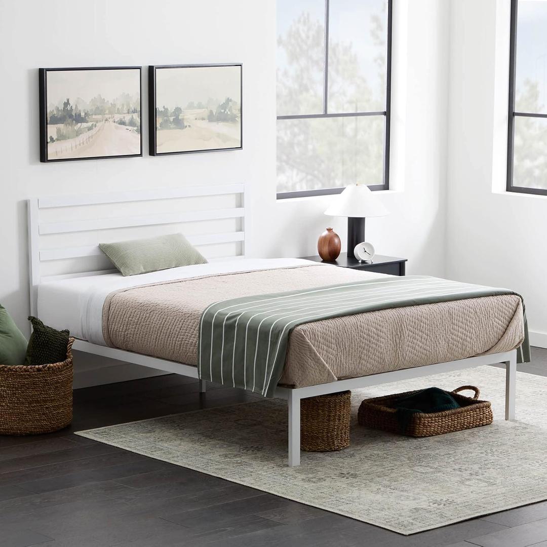Edenbrook Cassidy Metal Platform Bed Frame with Metal Headboard - Box Spring Not Required - Wood Slat Support, White, Full