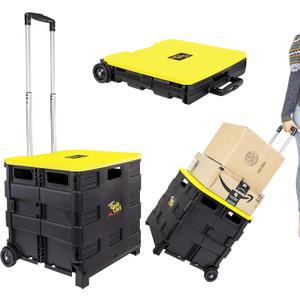 dbest products Quik Cart Collapsible Rolling Crate on Wheels for Teachers Tote Basket 80 lbs Capacity, Made from Heavy Duty Plastic and Used as a Seat, Canary, Yellow
