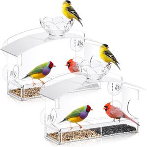 2 Pack Window Bird Feeders with Strong Suction Cups Acrylic Clear Bird Feeder for Window Viewing Large Window Bird House Wild Bird Watching Gift for Outside Outdoor Garden Decor