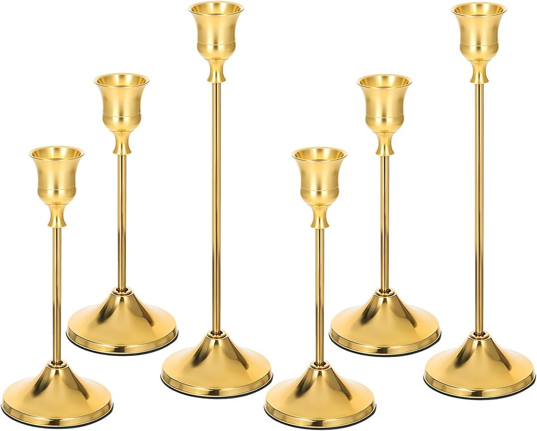 6 Pcs Candlestick Holders Taper Candle Holders, Metal Tall Candlestick Holder Golden Candle Stick Holder for Pillar Candles, Candlesticks for Party Fireplace Wedding Dining Table Halloween Decoration