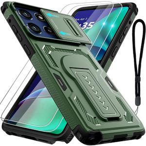 For Motorola Moto G Stylus 5G 2025 Case with 2 Pack Screen Protector, Upgrade Slide Camera Cover & Kickstand, Lanyard Strap, Military Grade Shockproof Heavy Duty Robust Bumper Phone Case, Green