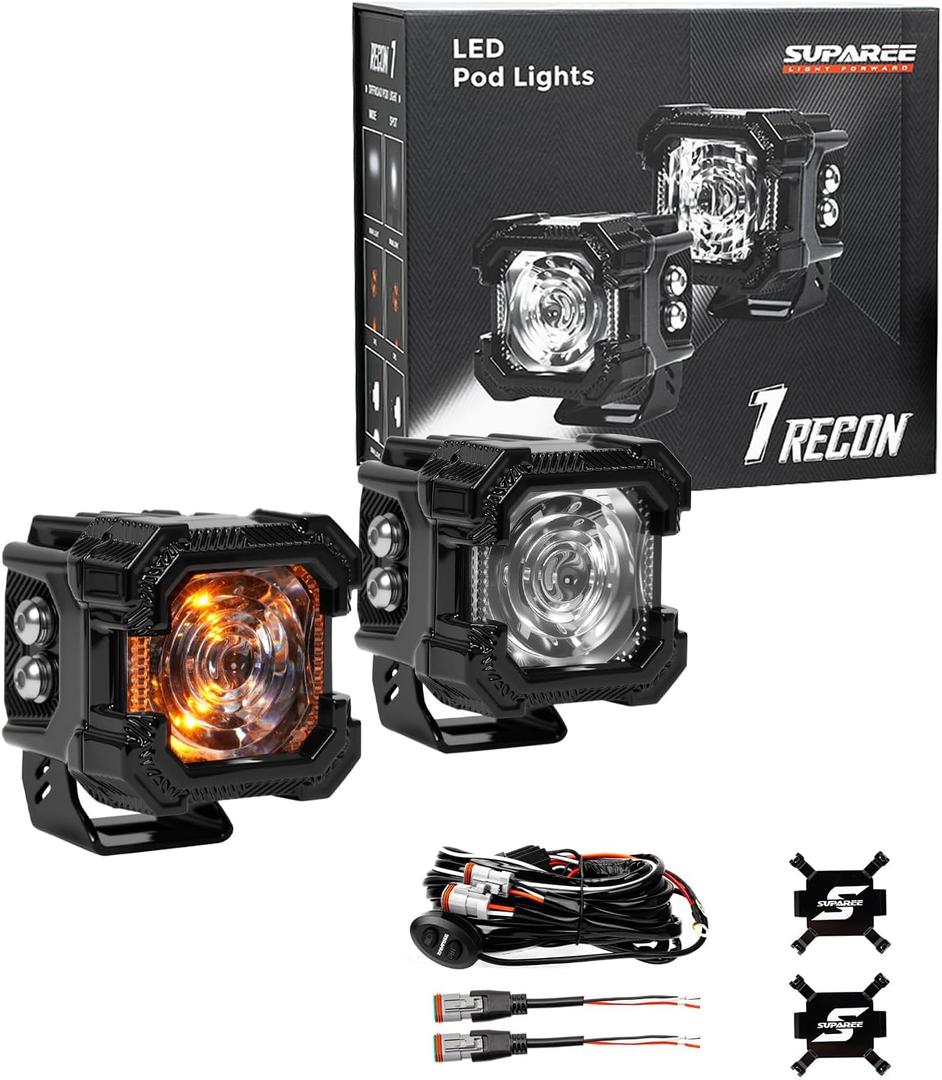 Suparee Recon 1 2-Inch LED Pod Lights with Black Covers, 40W 3472LM Spot Beam&Amber DRL Combo Ditch Light,136 Wide Range IP68/IP69K Waterproof Cube LED Offroad Light For Offroad Truck ATV UTV Car Boat