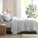 EVERGRACE Queen Comforter Set, 7-Piece Bed in a Bag, Shabby Chic Tufted Boho Bedding with Line Embroidery, Soft All Season Microfiber Comforter (90"x90") with Sheets, Pillowcases & Shams, Light Gray