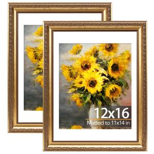JCJMY 12x16 Vintage Picture Frame with 11x14 Mat Set of 2, Elegant Retro 12 by 16 Photo Frame with Shatter-Resistant Plexiglass for Wall Hanging, Gallery Decor & Gift, Gold, 2 Pack