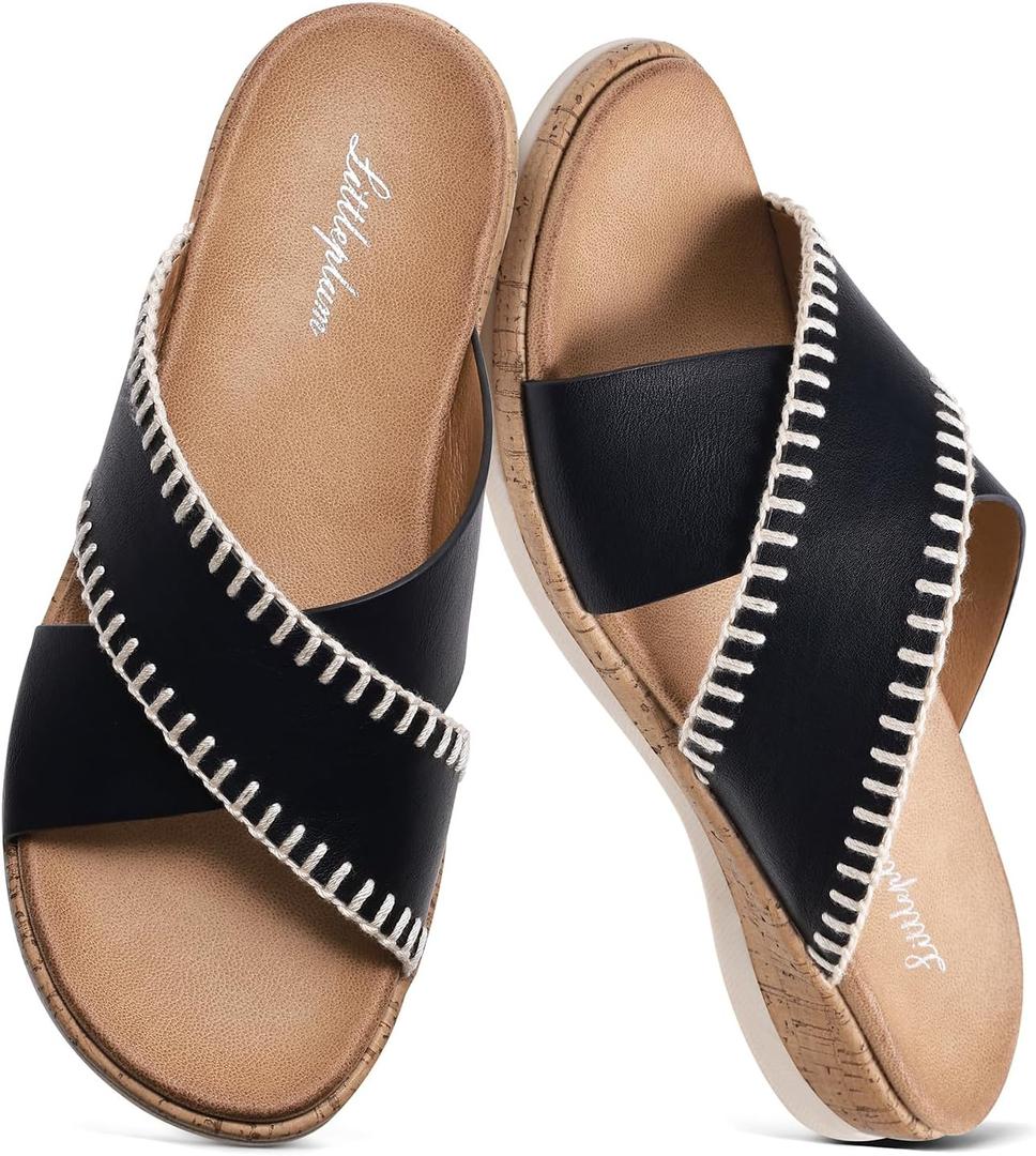 Littleplum Sandals For Women Slip On Arch Support Slides Comfortable Flat Sandals Summer Breathable Adjustable Orthotic Walking Shoes for Beach,Travel, 37