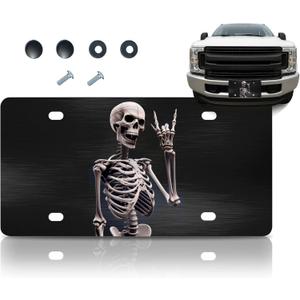 Personalized Human Skeleton Black License Plate Frame - Funny Halloween Skull Front License Plate Frames Designs with 4 Standard Slotted Mounting Holes - Vanity for Front of Car Spooky Skeleton Print