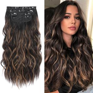 Clip In Hair Extensions Naturally Soft Hair & Blends Well Hair Extension, Long Wavy Thick Hairpieces for Women, 4Pcs Double Weft Synthetic Hair Extensions (20 Inch, Black & Dark Mix Light Brown)