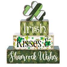 Huquary 4 Pcs St Patricks Day Table Decorations Shamrocks St. Patrick's Day Tiered Tray Decor Irish Clover Blocks Lucky Print for Party Home Desk(Fresh Style)