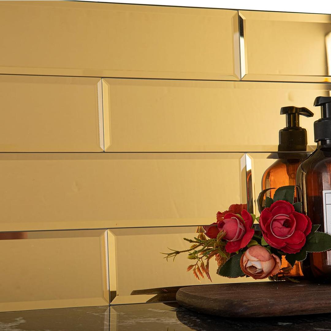 Lovdeco Peel and Stick 3x12 Inch Beveled Gold Mirror Tile Subway Mirror Glass Backsplash for Kitchen Bathroom Wall (20 Pcs, 5 SQ.FT.)