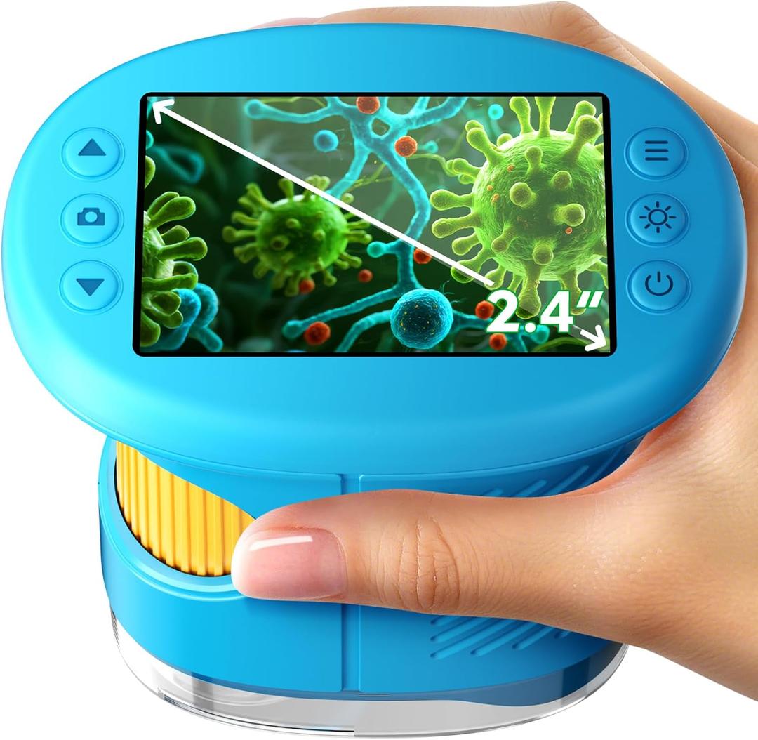 1000X Handheld Microscope for Kids, 4K 2.4" Screen Digital Kids Microscopes with 12 Slides, Portable Edu Toys Gifts for Age 3 4 5 6 7 8 9 10 11 12 Year Old Boys Girls Children Students(Blue)