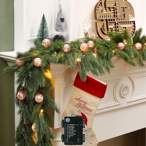 Ceenna 6.2FT Pre Lit Christmas Cedar Garland with Lights Artificial Pine Garland Christmas Decorations with Ball Ornaments,8 Modes Timer Battery Operated for Outdoor Indoor (Pink)