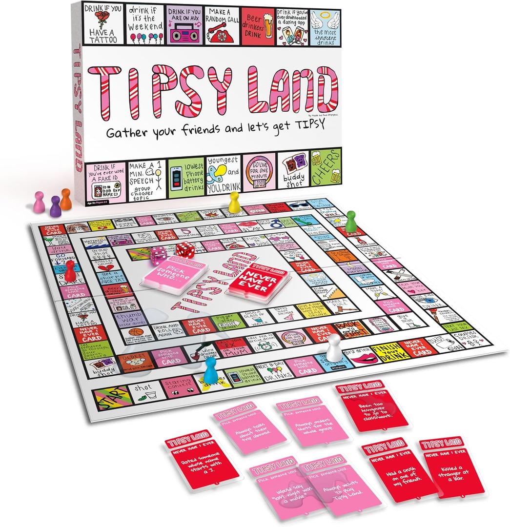 Tipsy Land Party Board Game | 75+ Unique Spaces, Never Have I Ever Cards, Confessions, Mini Competitions, Splash-Resistant Board, Waterproof Cards, Ages 21+ | Ultimate Drinking Game for Adults
